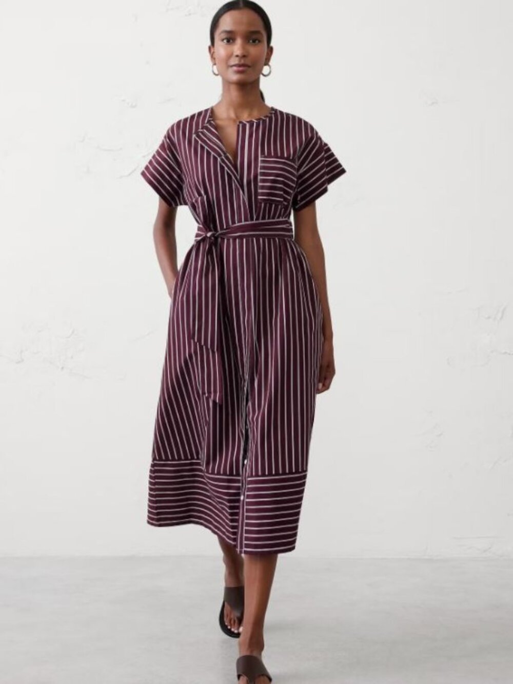 XL Banana Republic Factory Burgundy with White Pinstripe Belted Midi Shirtdress
